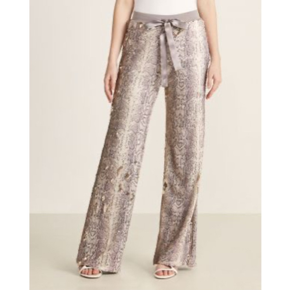 Ramy Brook Cyrus Sequin Pant Size S Gray Ivory Snake Print Lined Straight Leg